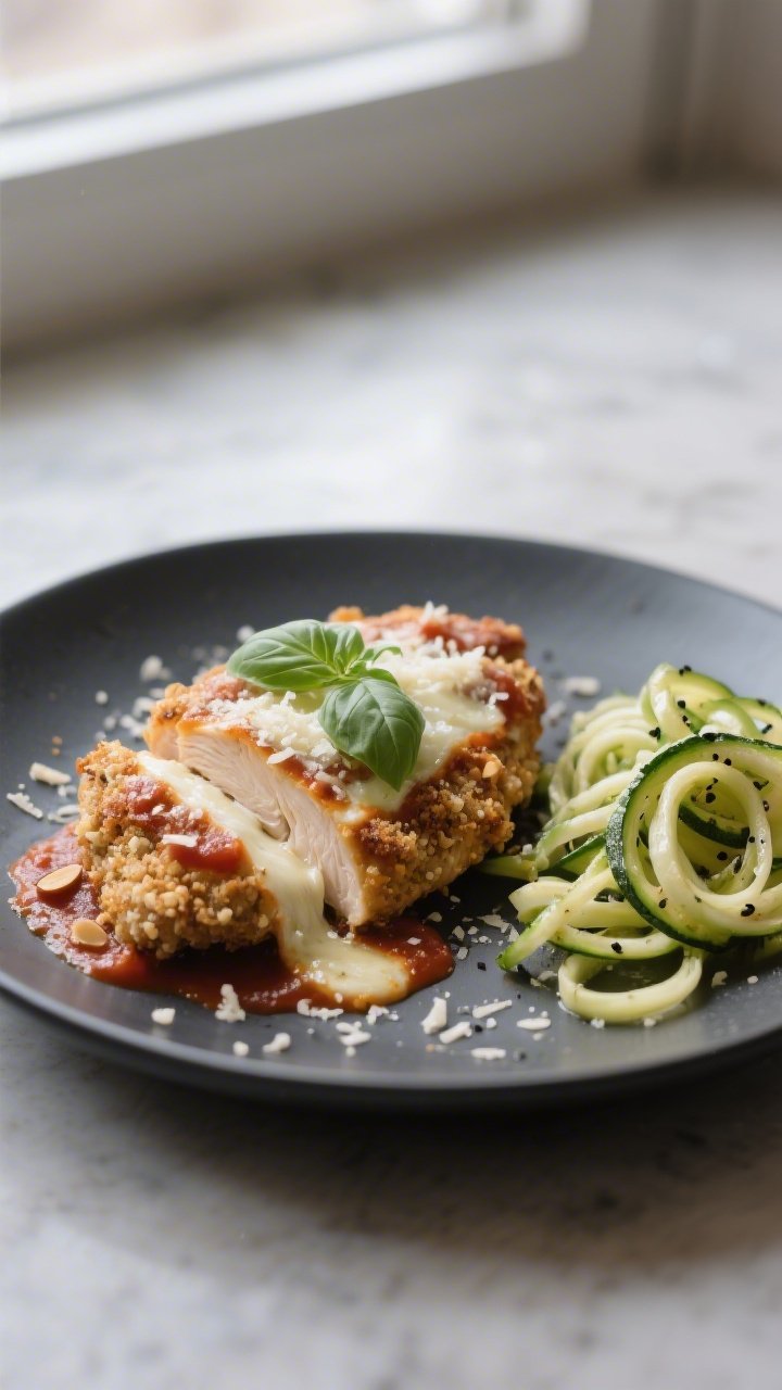 Final plated presentation: Single portion of Keto Chicken Parmesan on a matte charcoal plate, neatly