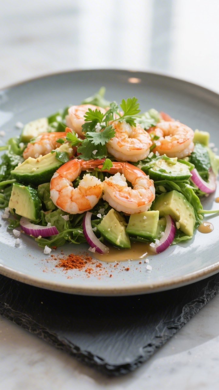 Final plated, restaurant-quality presentation: Beautifully plated Keto Shrimp Avocado Salad as a com