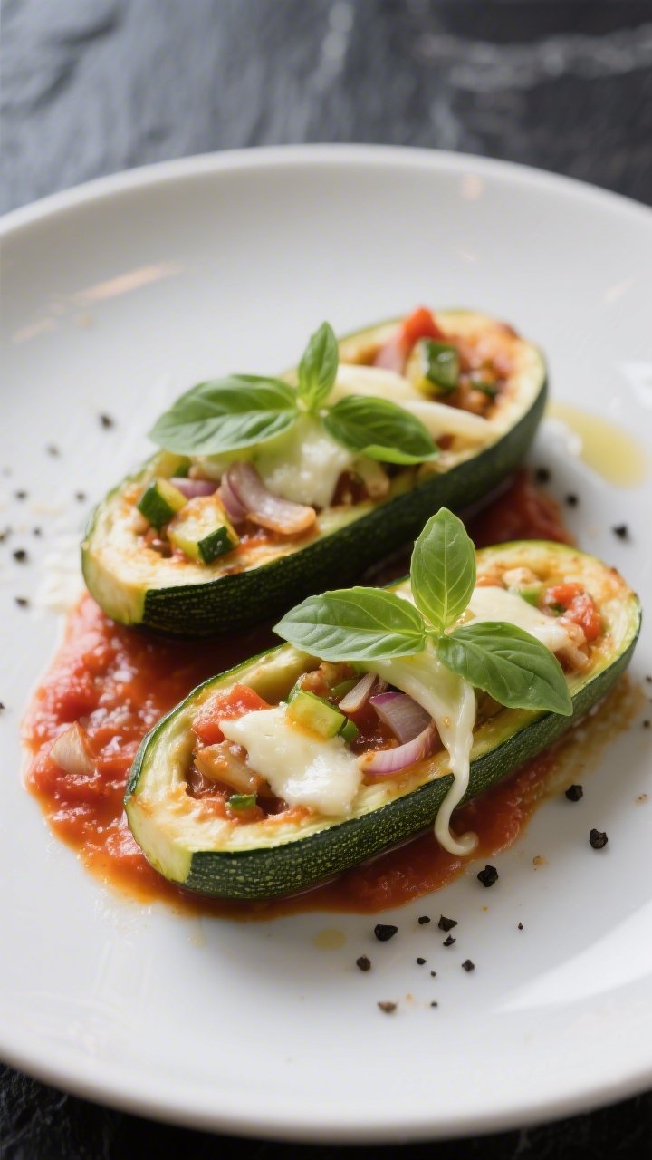 Final plated restaurant-quality presentation: two zucchini boat halves on a matte white plate, garni