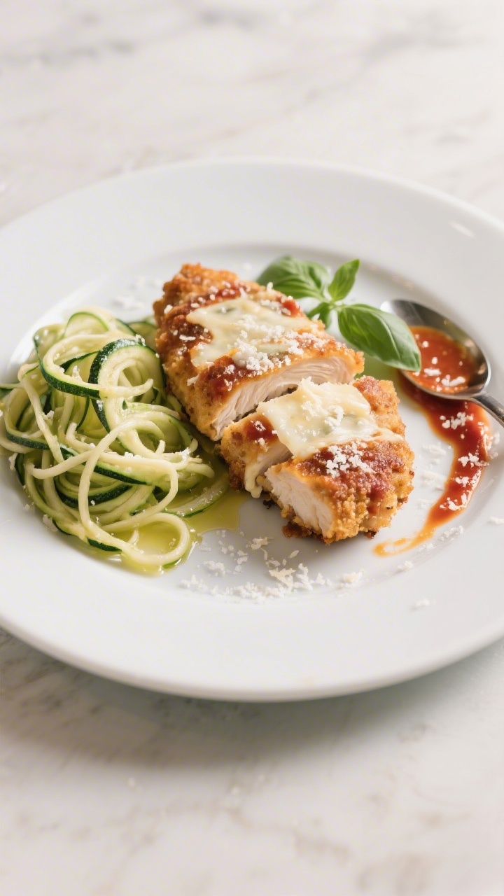 Final plated restaurant-style presentation: a single Keto Chicken Parmesan cutlet on a matte white p
