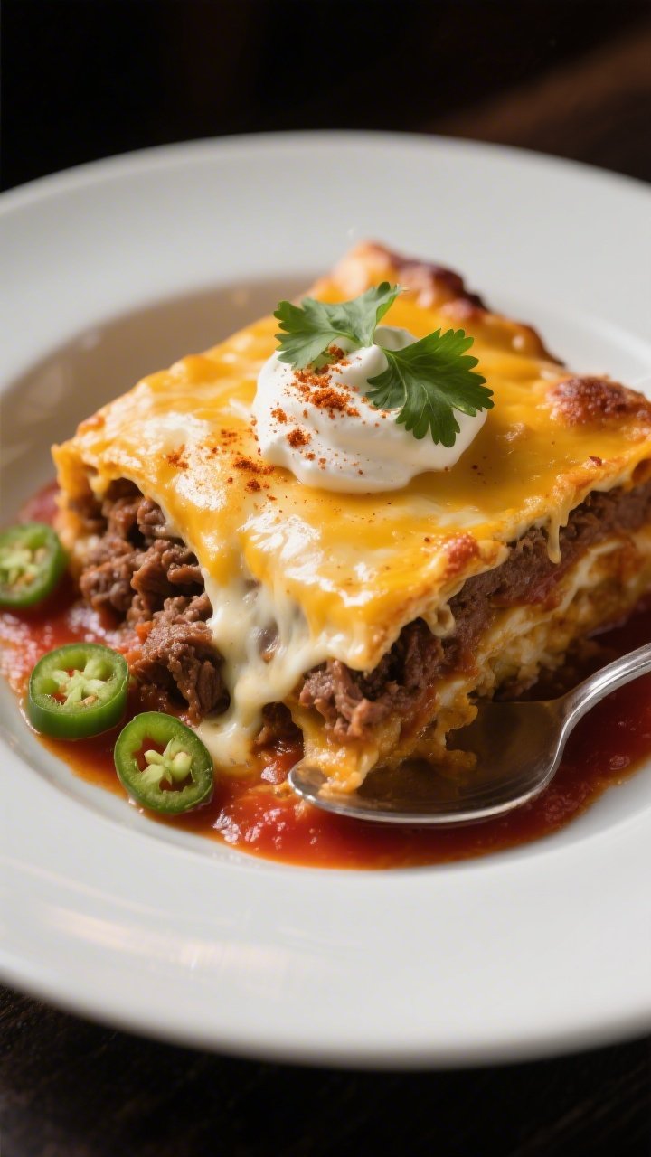 Final plated serving beauty shot: A generous square of the enchilada bake spooned into a shallow whi