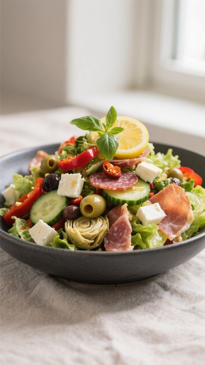 Final plated single-serve bowl: a generous portion of Keto Antipasto Salad mounded in a matte charco