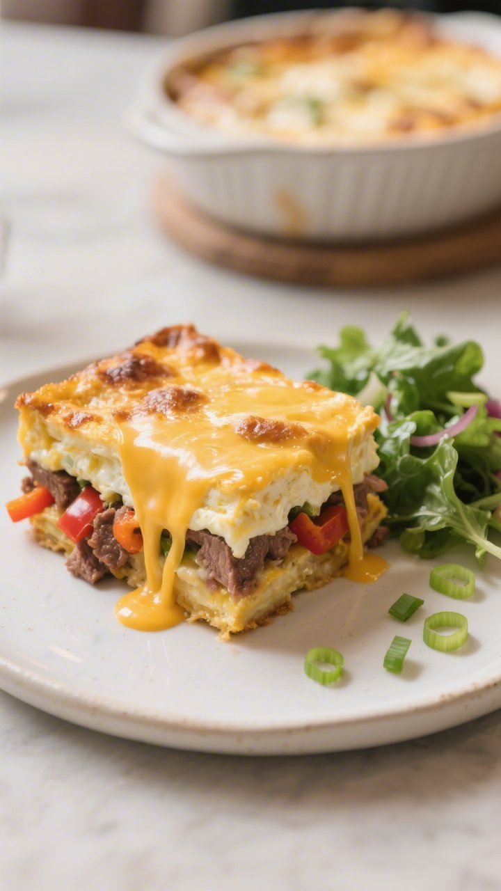 Final plated slice, cozy brunch vibe: A thick, neatly cut square of the casserole on a white ceramic