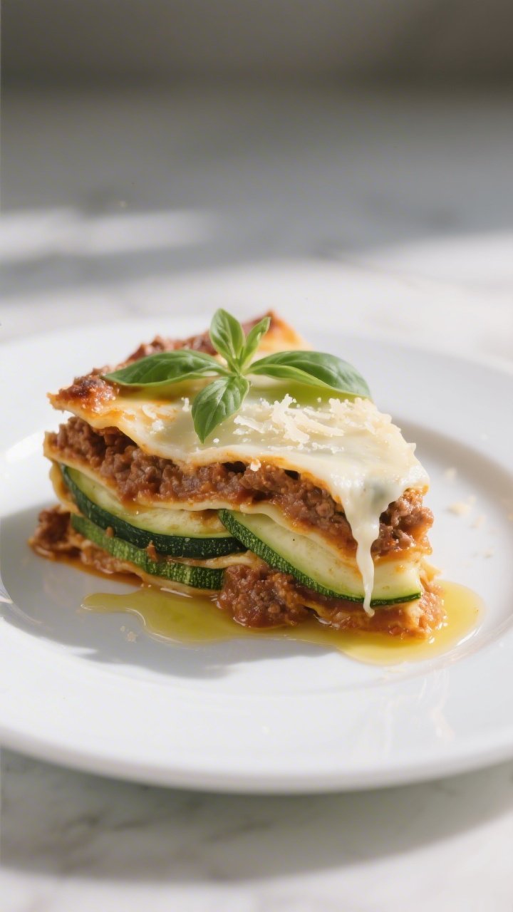 Final plated slice: Restaurant-quality presentation of a cleanly cut slice of Keto Zucchini Lasagna 