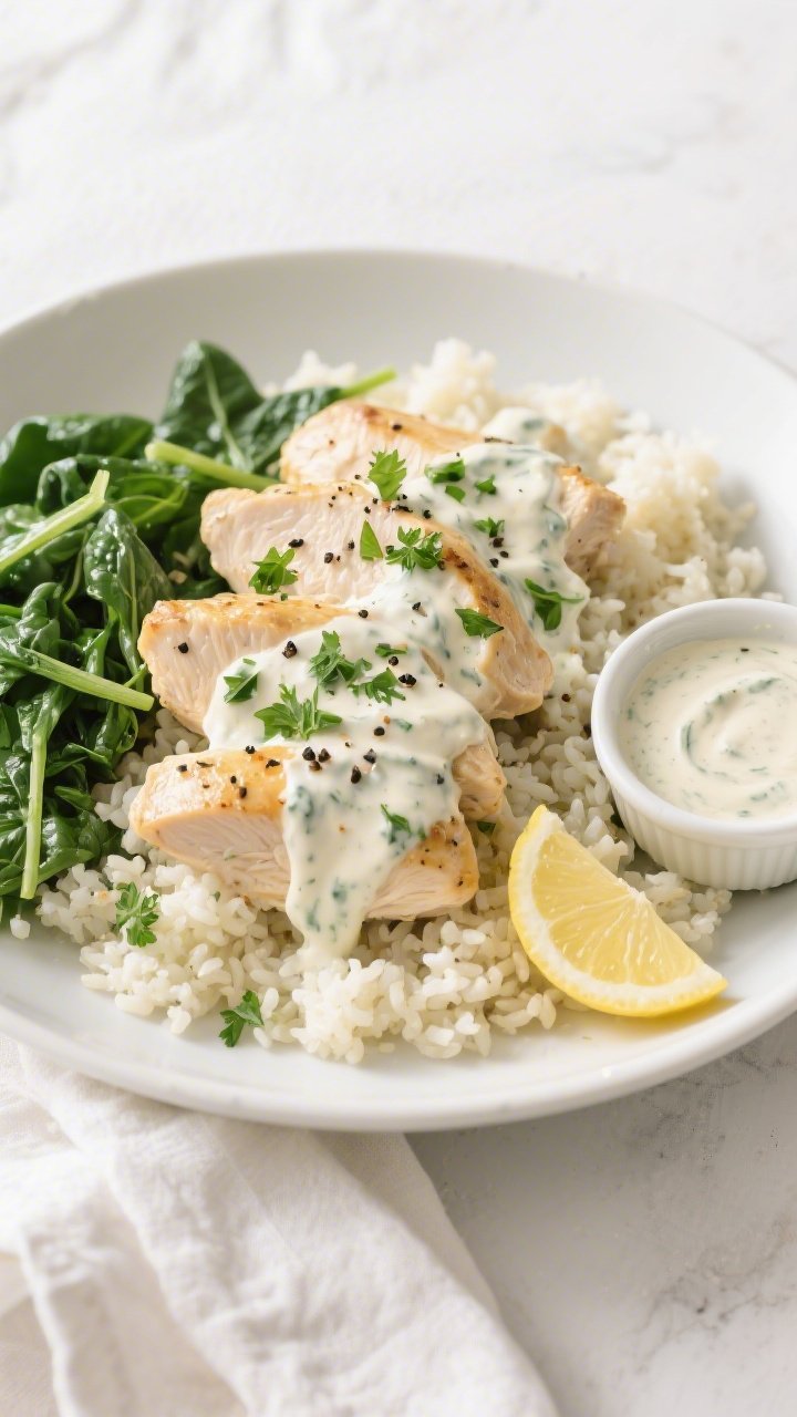 Final plated, top-down: Overhead shot of Keto Creamy Ranch Chicken Skillet served over cauliflower r