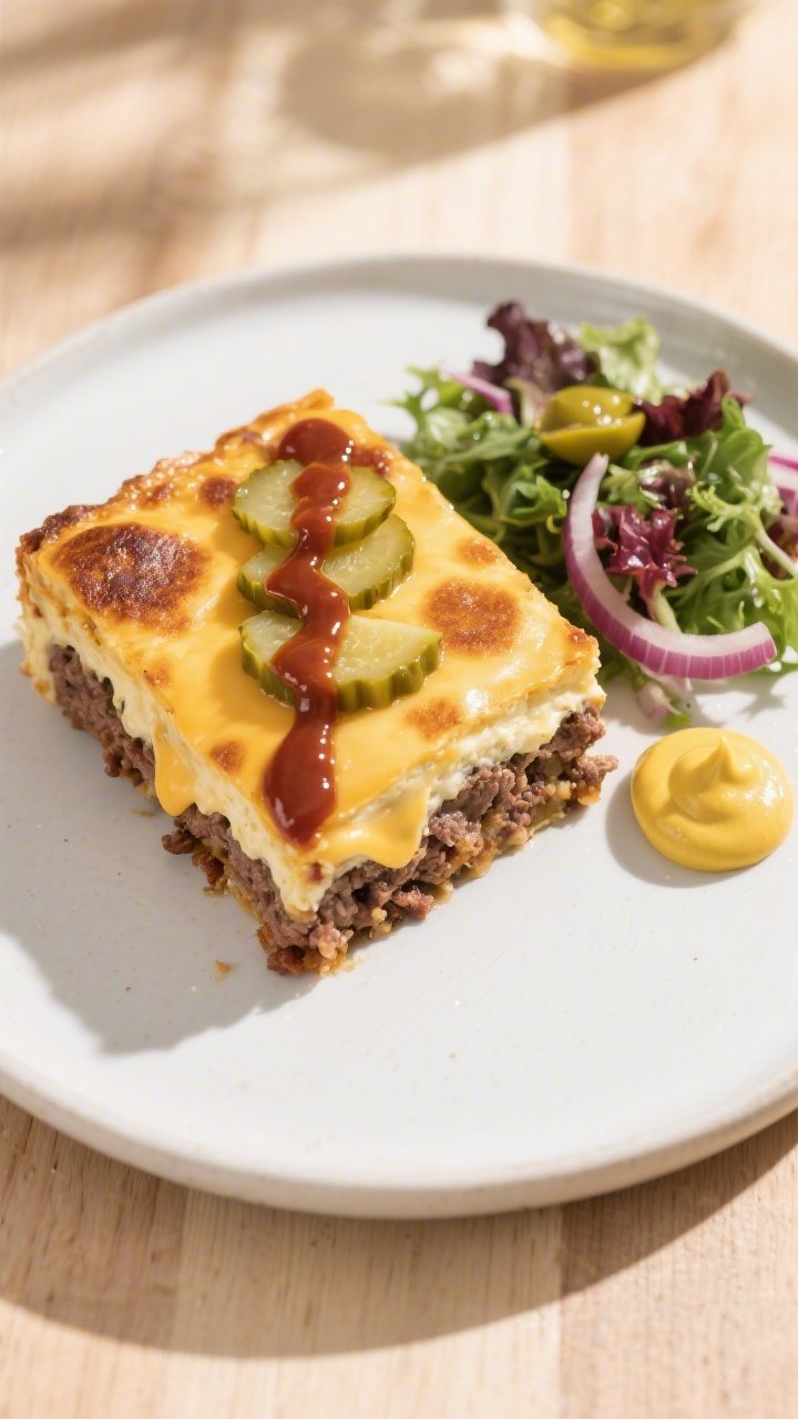 Final plated top view: Overhead shot of a neatly sliced square of the Keto BBQ Bacon Cheeseburger Ba