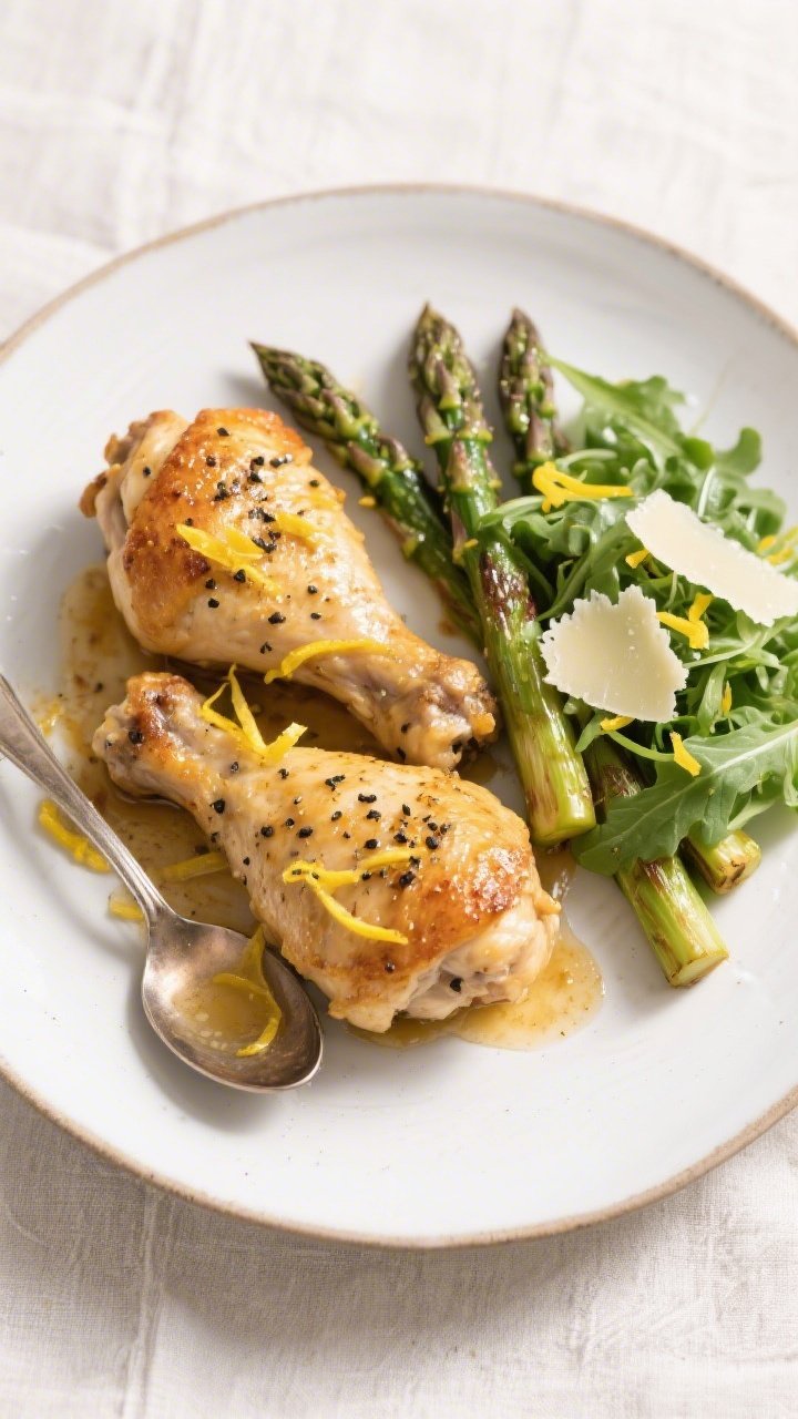Final plated top view: Overhead shot of beautifully plated Keto Lemon Pepper Chicken Thighs (two pie