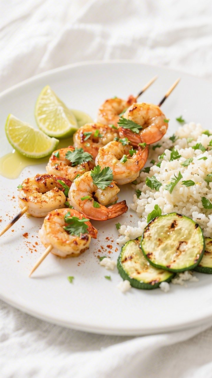 Final plated top view: Overhead shot of Keto Garlic Lime Shrimp Skewers arranged in a neat fan on a 