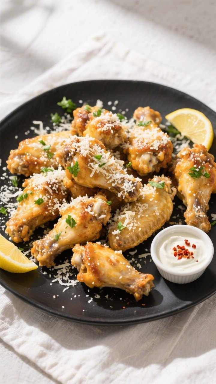 Final plated top view: Overhead shot of Keto Garlic Parmesan Wings piled on a matte black platter, e