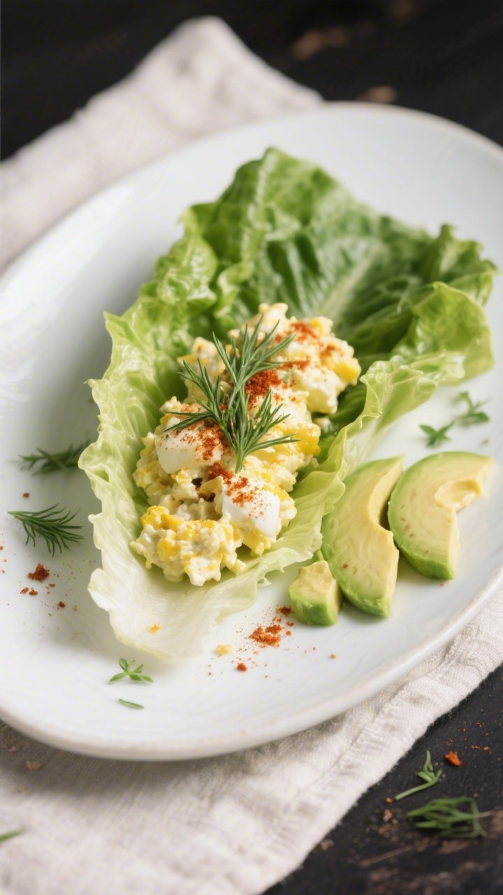 Final plated wrap beauty shot: Keto egg salad lettuce wraps neatly assembled with large, crisp romai