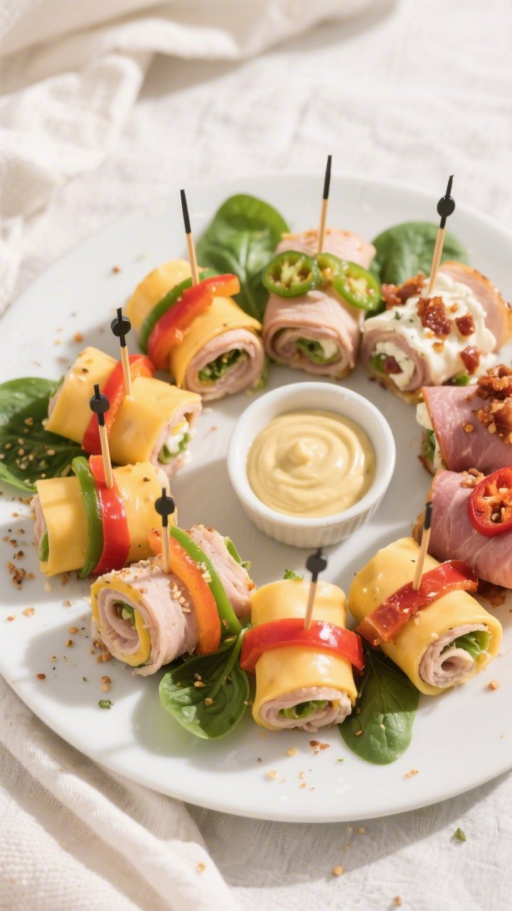 Final platter presentation: Beautifully plated Keto Turkey and Cheese Roll-Up Bites arranged in neat