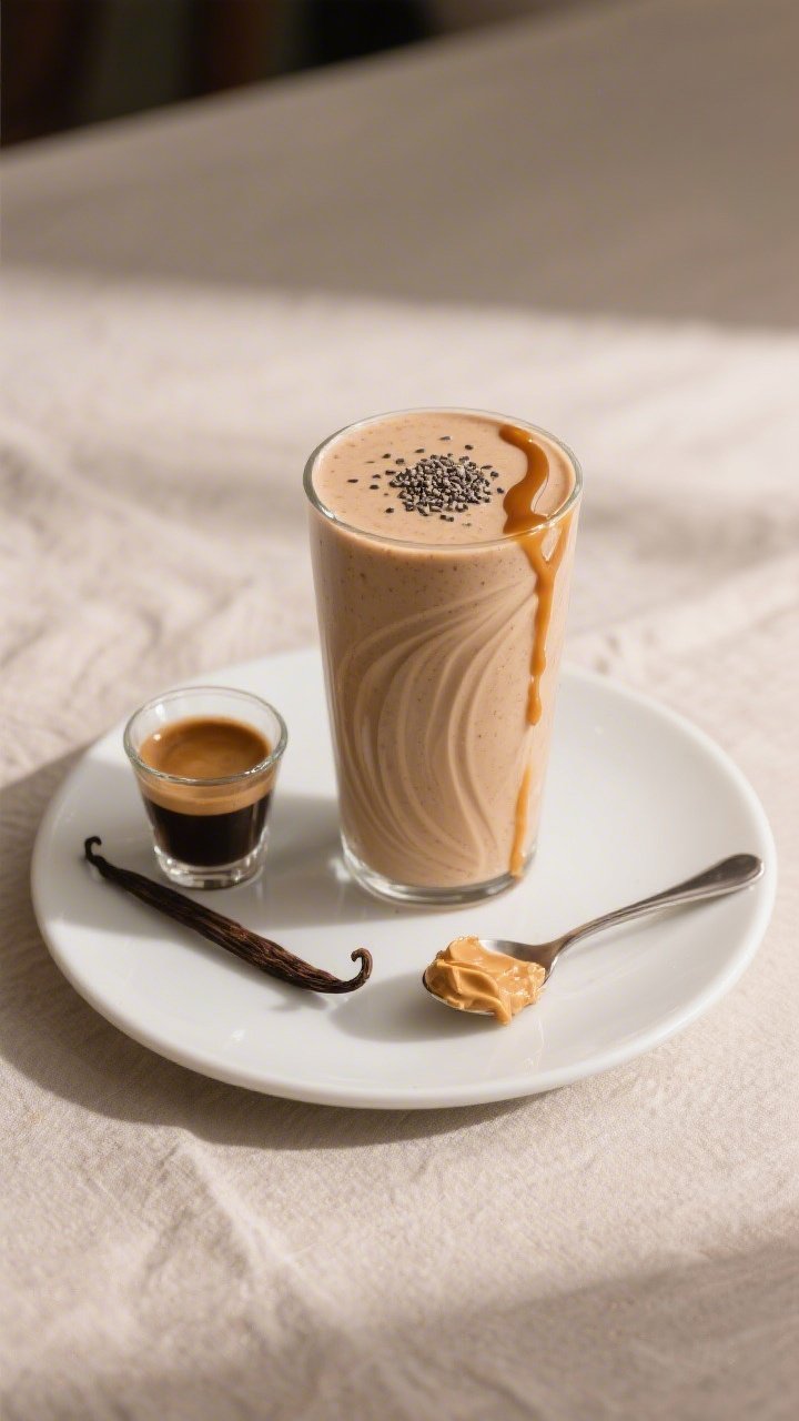 Final presentation: Café-style plated scene of the smoothie served thick and creamy in a tall glass