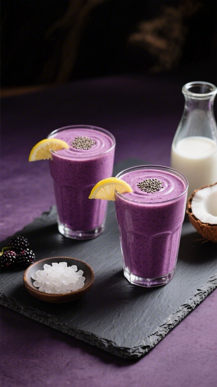 Final presentation: Restaurant-quality scene of the smoothie fully prepared—two short, thick glass