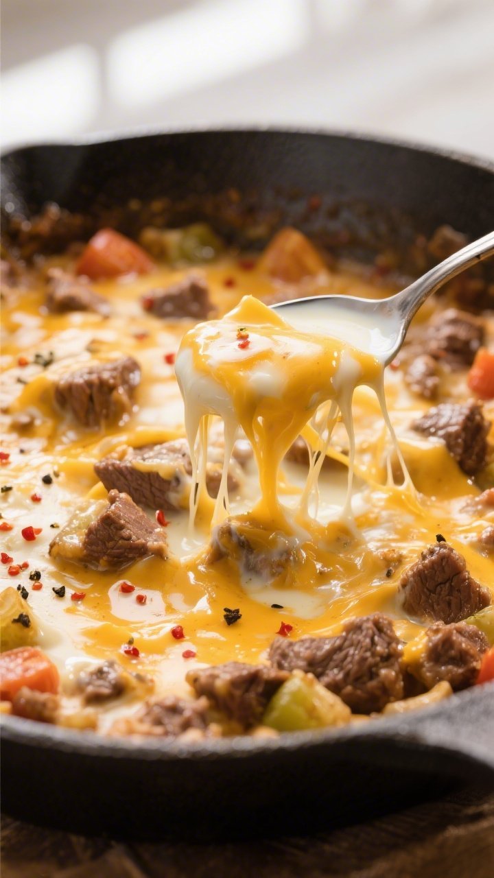 Gooey cheese moment: Medium-close shot of the creamy skillet just after heavy cream has reduced and 