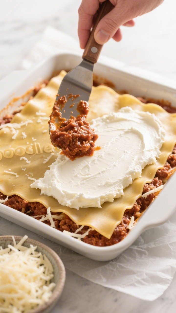 Layering action shot (overhead): Assembling keto lasagna in a 9x9 baking dish—first baked “noodl