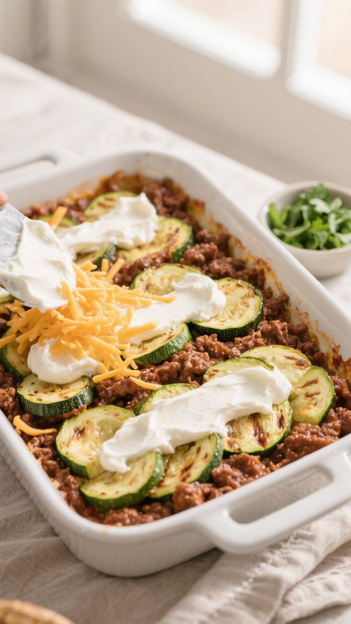 Layering detail shot: Overhead mid-assembly of the Keto Taco Zucchini Casserole in a 9x13 white cera