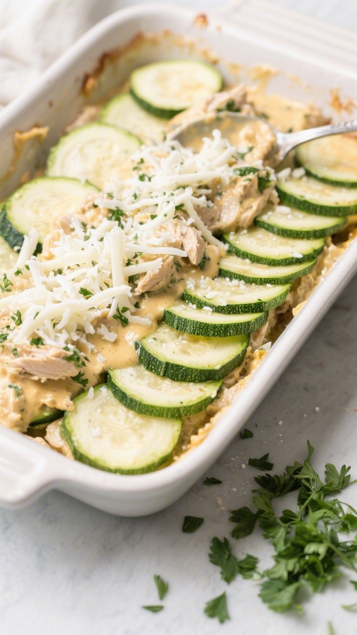 Layering stage top view: Overhead shot of the casserole mid-assembly in a 9x13 baking dish—first l