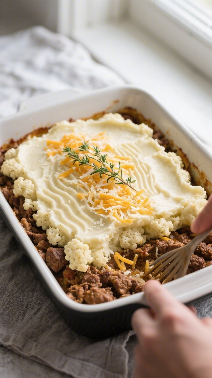 Overhead assembly-to-oven moment: Top-down shot of the baking dish filled with the savory meat mixtu