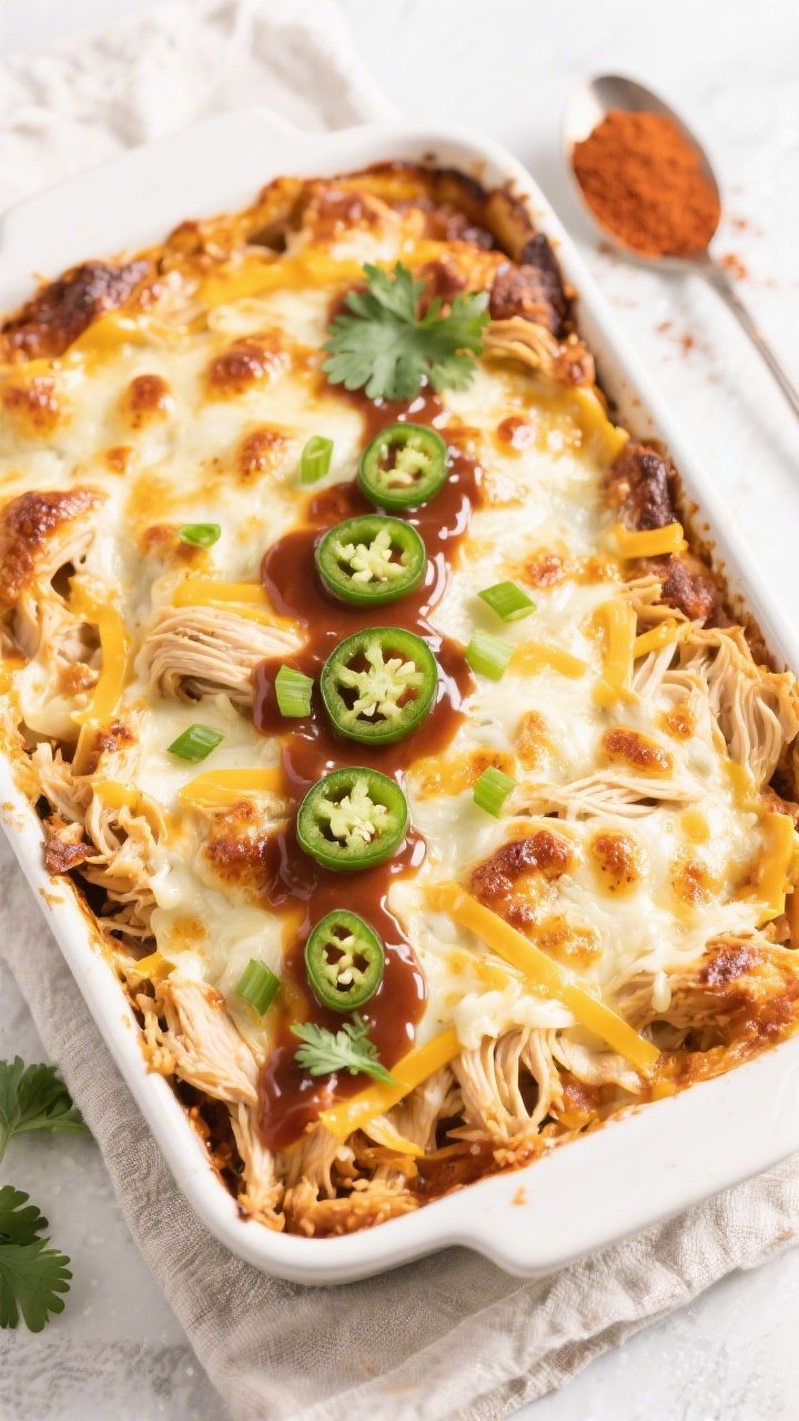 Overhead casserole hero: Top-down shot of the baked Keto BBQ Chicken Casserole in a 9x13 dish, chees