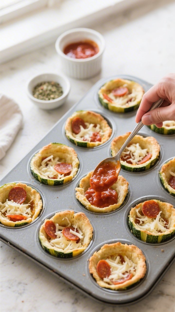 Overhead cooking process: Pre-baked zucchini cup shells in a 12-cup muffin tin being finished with a