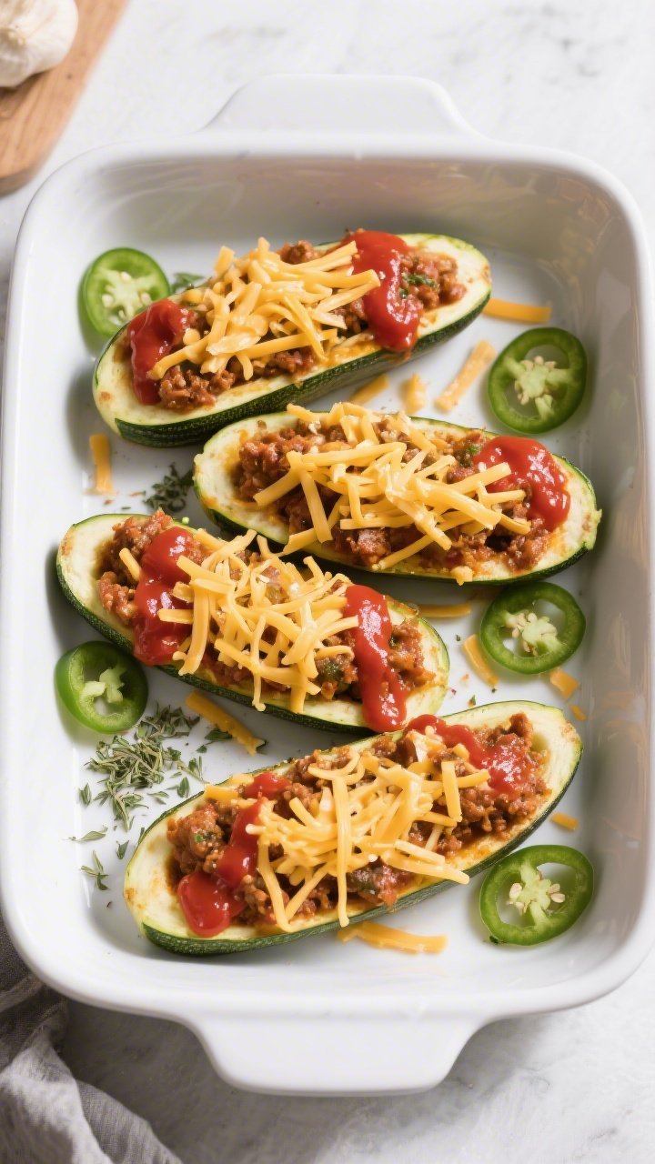 Overhead “fill and bake” stage: A top-down shot of par-baked zucchini boats in a large white bak