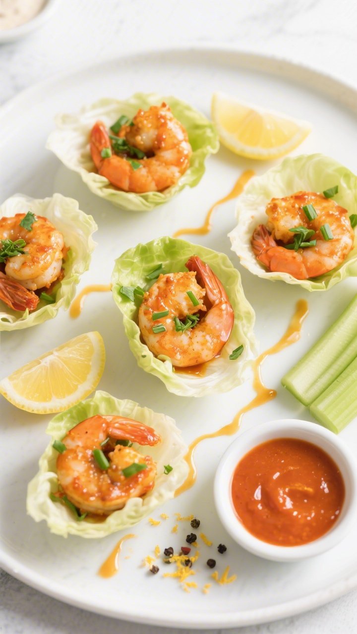 Overhead final dish: Keto Buffalo Garlic Shrimp piled into crisp butter lettuce cups on a matte whit
