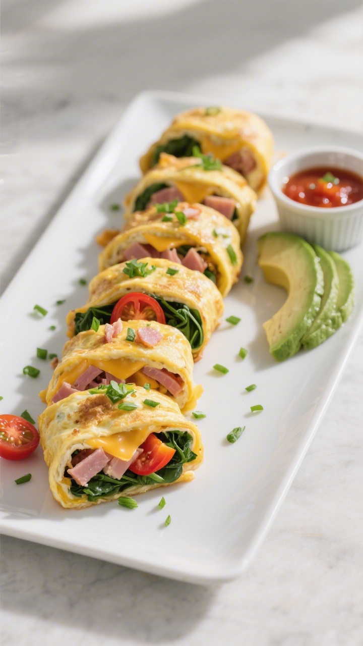 Overhead final dish: Loaded Omelet Roll-Ups sliced into bite-size pieces, arranged in a neat row on