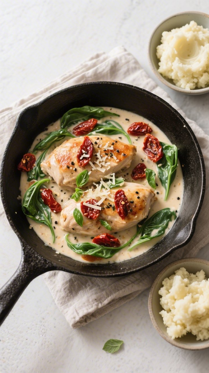 Overhead final dish: Tasty top view of Keto Creamy Sun-Dried Tomato Chicken nestled in a cream sauce