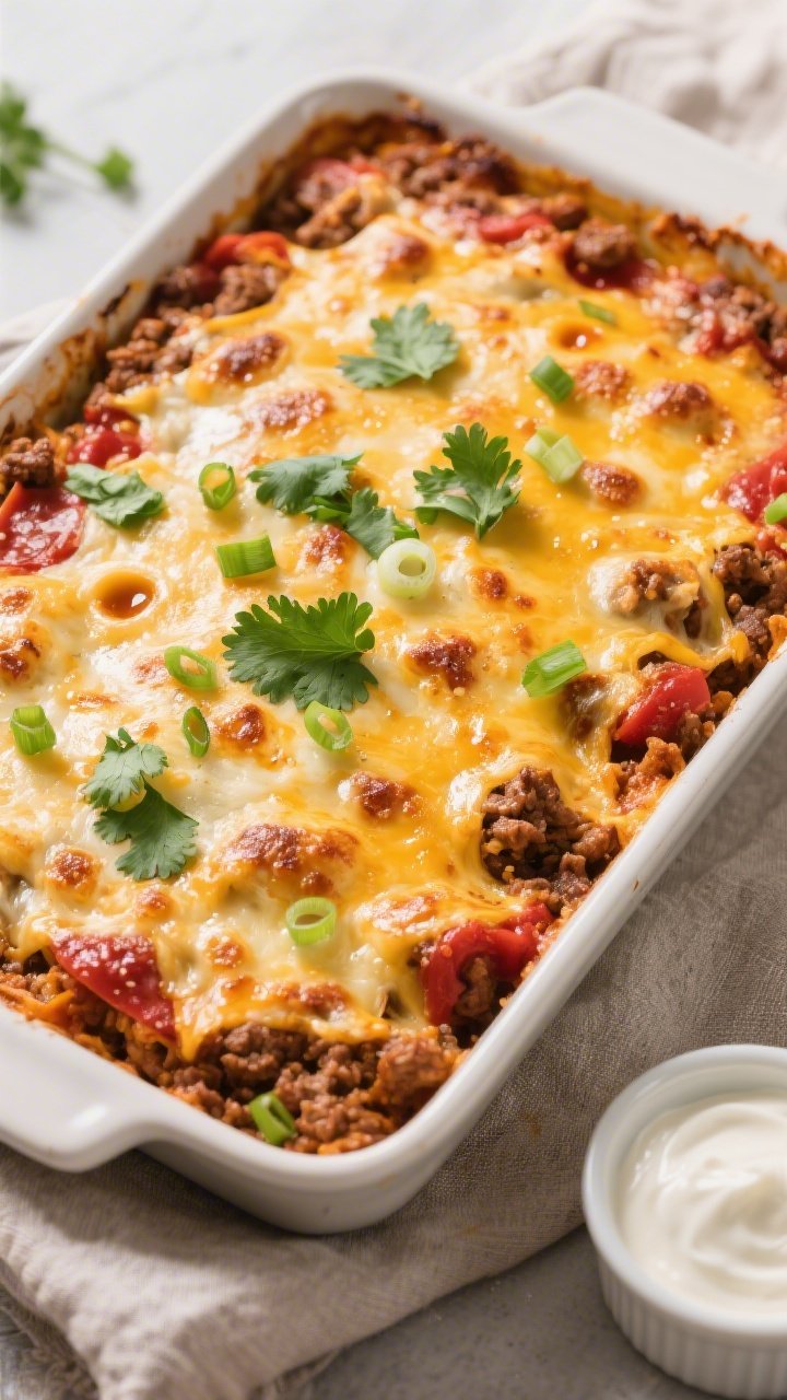 Overhead “just baked” casserole: Keto Ground Beef Enchilada Bake in a 9x13 baking dish fresh fro