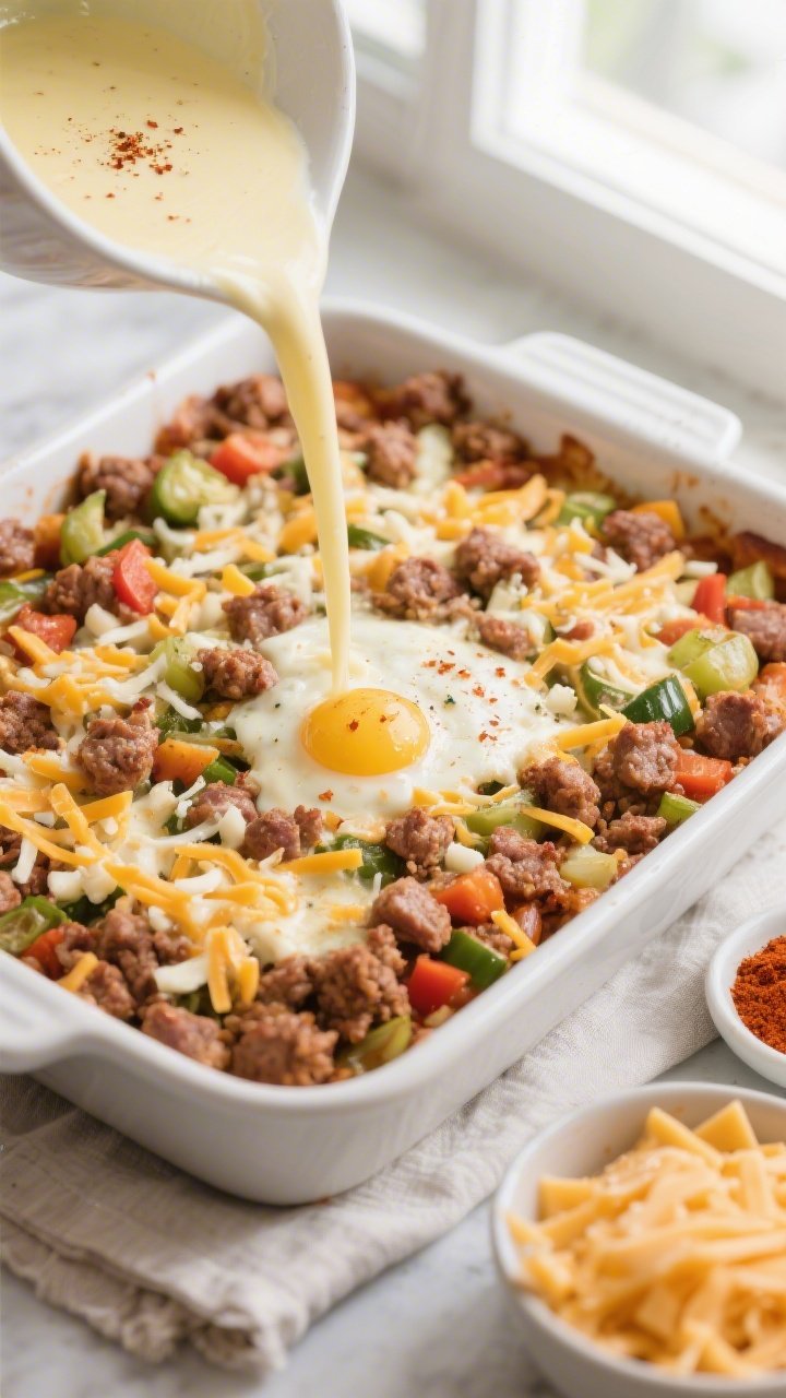 Overhead “layer and pour” shot: 9x13 baking dish filled with an even layer of browned crumbled s