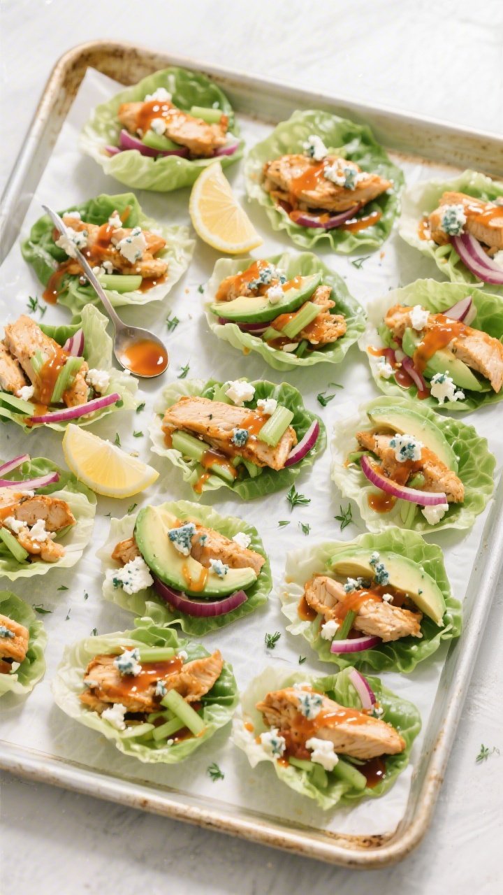 Overhead meal-prep/top view: Tasty top-down spread of multiple assembled lettuce wraps arranged in a