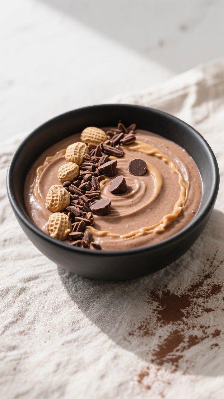 Overhead presentation: Top-down shot of a smoothie bowl version of the peanut butter cup keto smooth