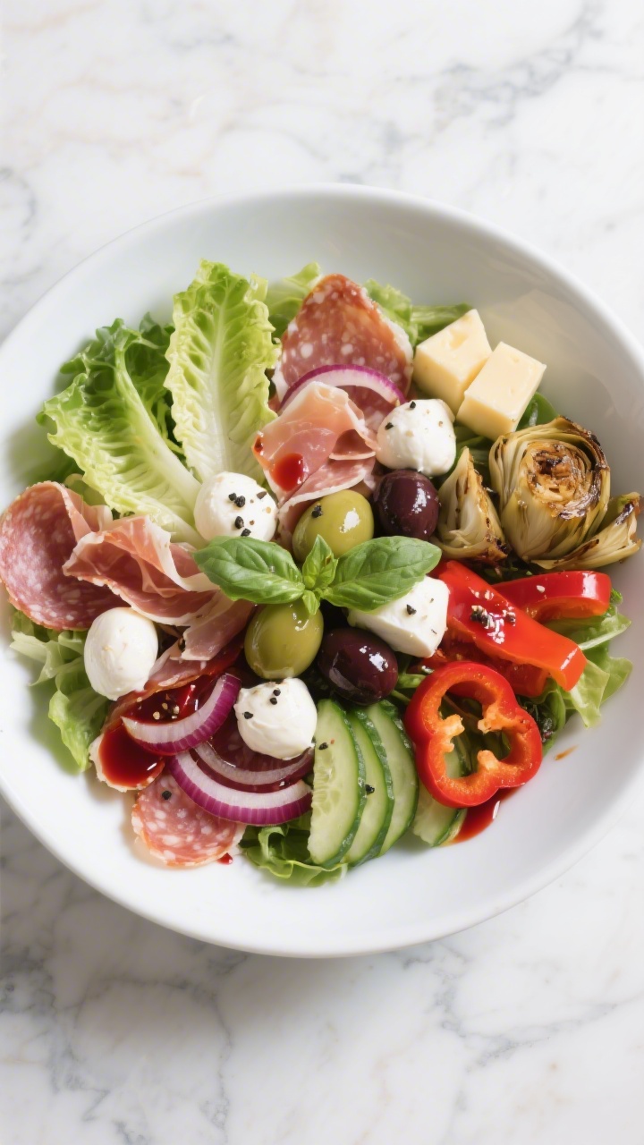 Overhead shot of a composed Keto Antipasto Salad in a wide, shallow white bowl: neatly arranged wedg