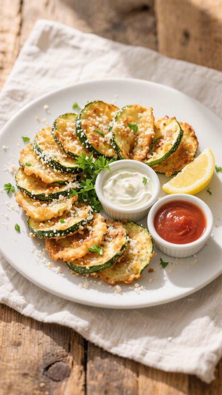 Overhead shot of a platter of Keto Garlic Parmesan Zucchini Chips arranged in a tight spiral on a ma