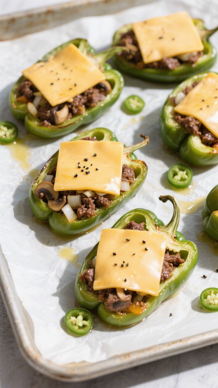 Overhead shot of assembled stuffed peppers just before the final bake: roasted green bell pepper hal