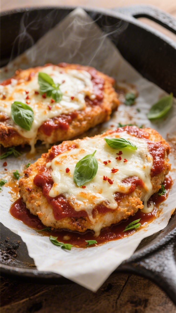 Overhead shot of Keto Chicken Parmesan fresh from the oven: cutlets topped with a thin, glossy layer