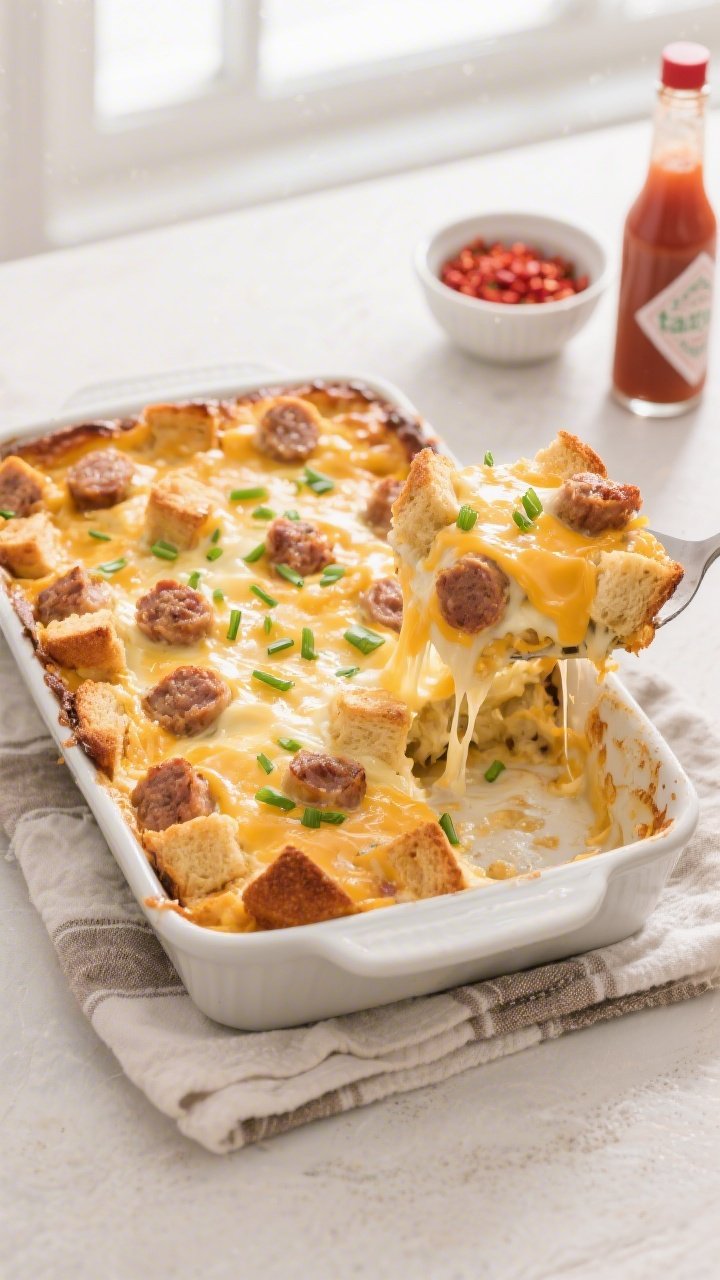 Overhead “tasty top view”: 9x13 baked Sausage & Cheese Breakfast Casserole just out of the oven,