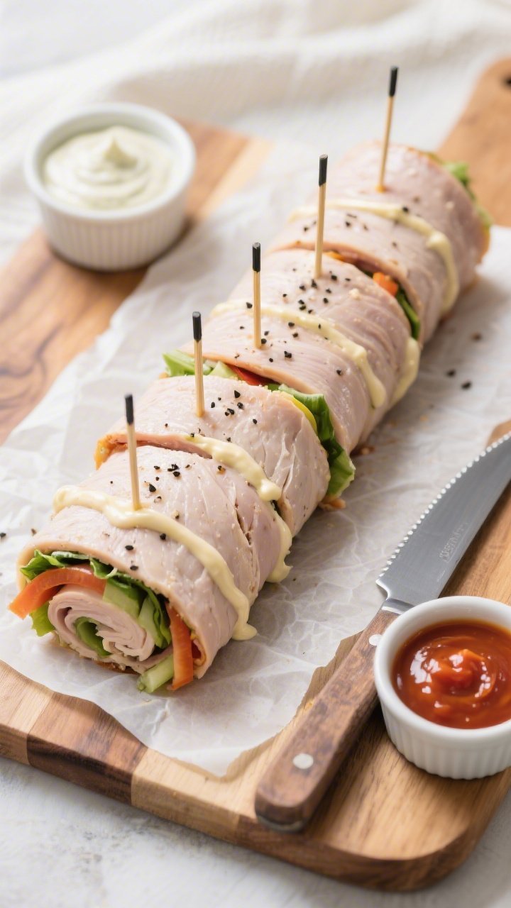Overhead “tasty top view”: A chilled log of assembled roll-ups on parchment over a wooden board,