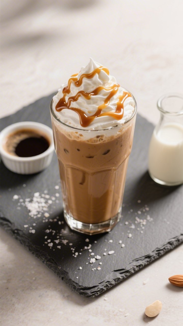 Overhead tasty top view: Final caramel frappe served in a tall glass topped with a generous crown of