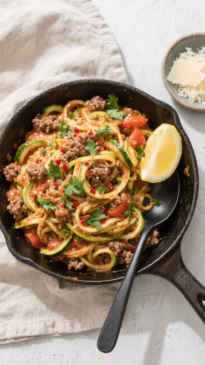 Overhead tasty top view: Final Keto Ground Beef Zoodle Skillet served family-style in the skillet, z