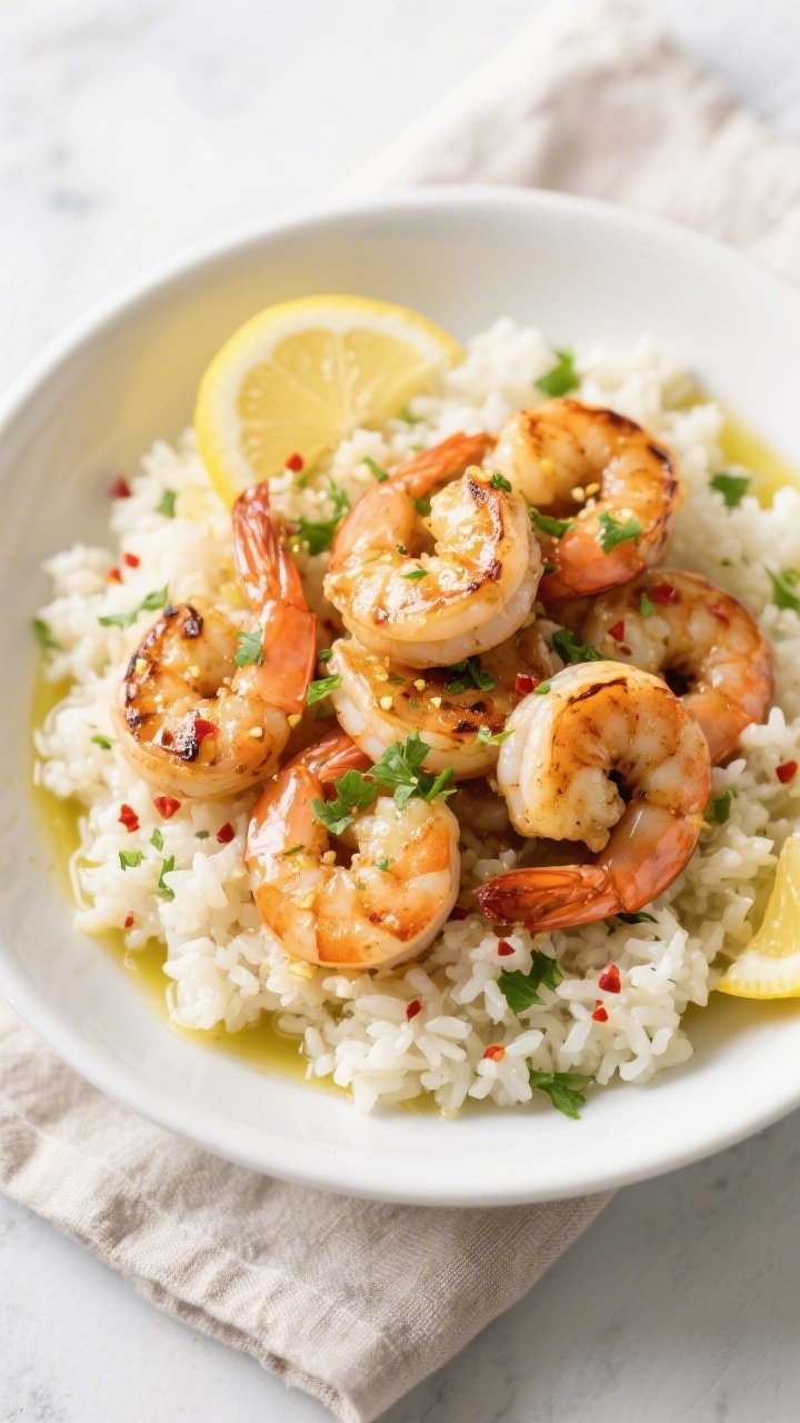Overhead tasty top view: Final Keto Lemon Garlic Shrimp piled over cauliflower rice in a wide, shall