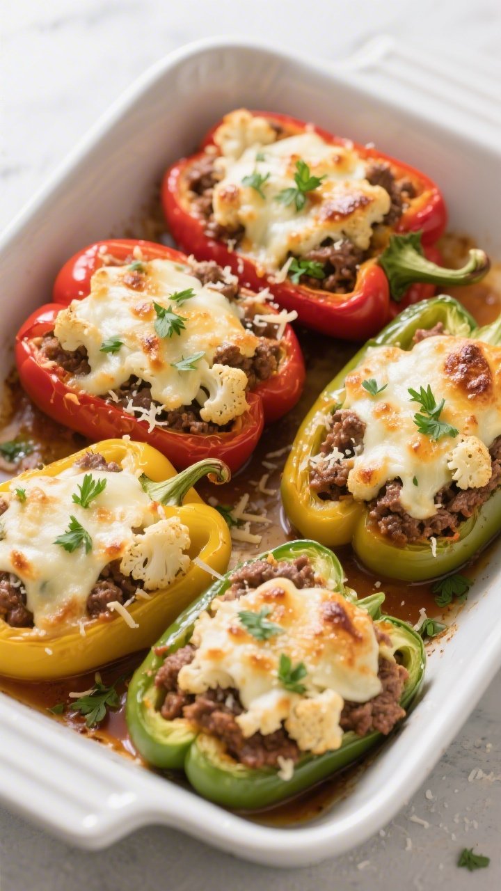 Overhead “tasty top view” in the baking dish: Four par-baked bell peppers (two red, one yellow, 