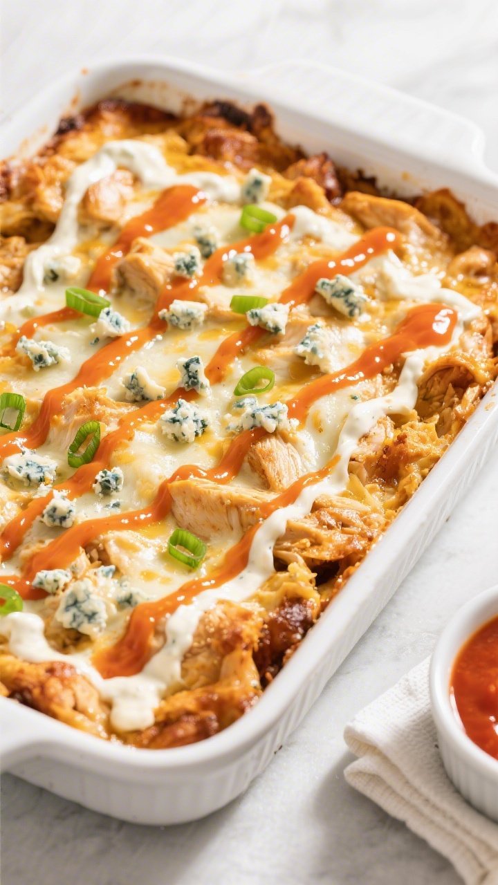 Overhead tasty top view: Keto Buffalo Chicken Casserole just out of the oven in a 9x13 white baking 