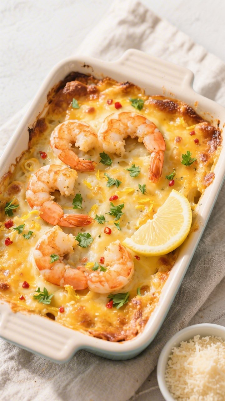 Overhead tasty top-view: Keto Cheesy Shrimp Casserole just out of the oven in a 9x13 ceramic baking