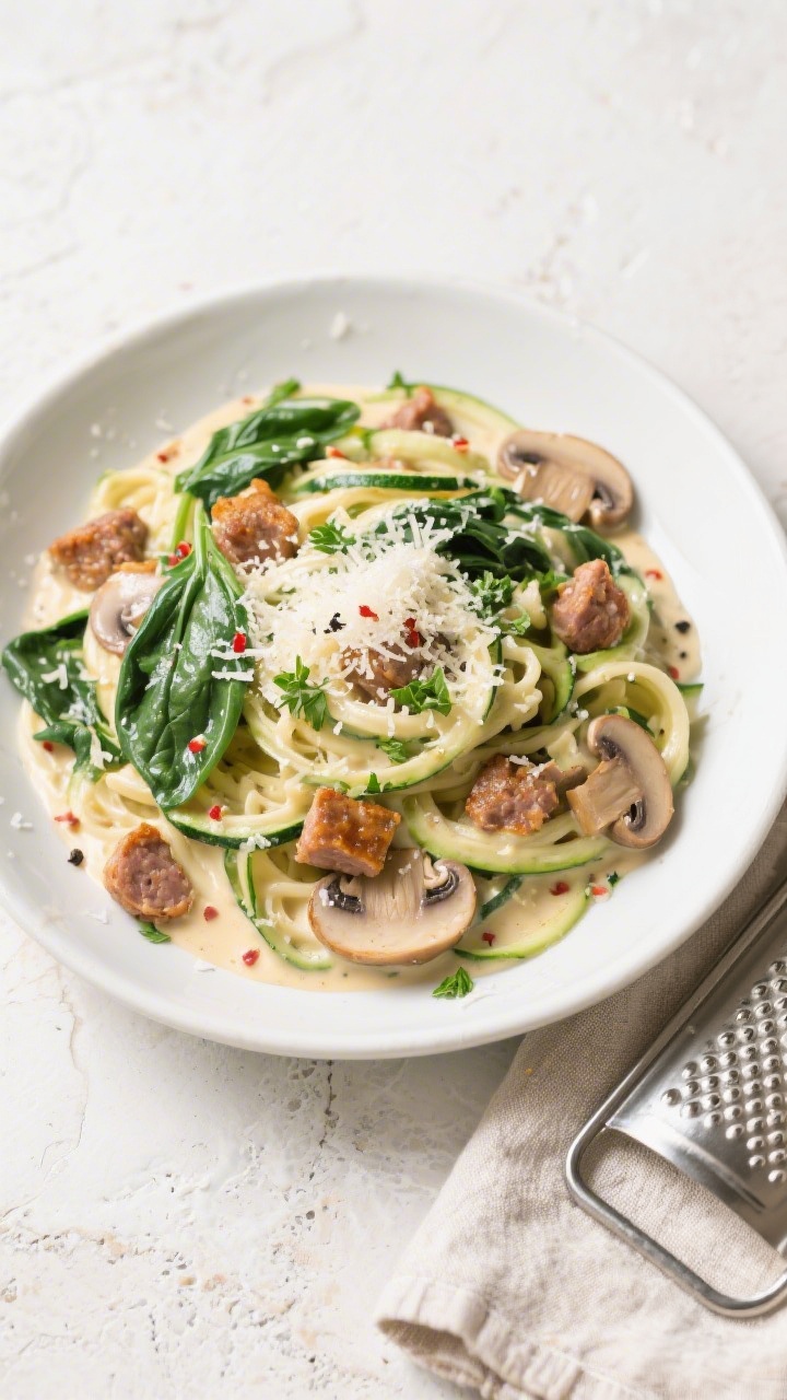Overhead tasty top view: Keto Italian Sausage Alfredo tossed with zucchini noodles, evenly coated in