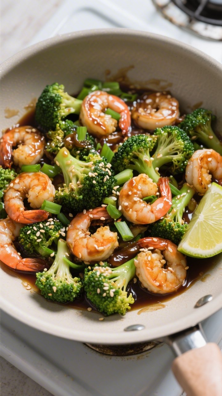 Overhead “tasty top view”: Keto shrimp and broccoli stir-fry just finished in the pan—bright g