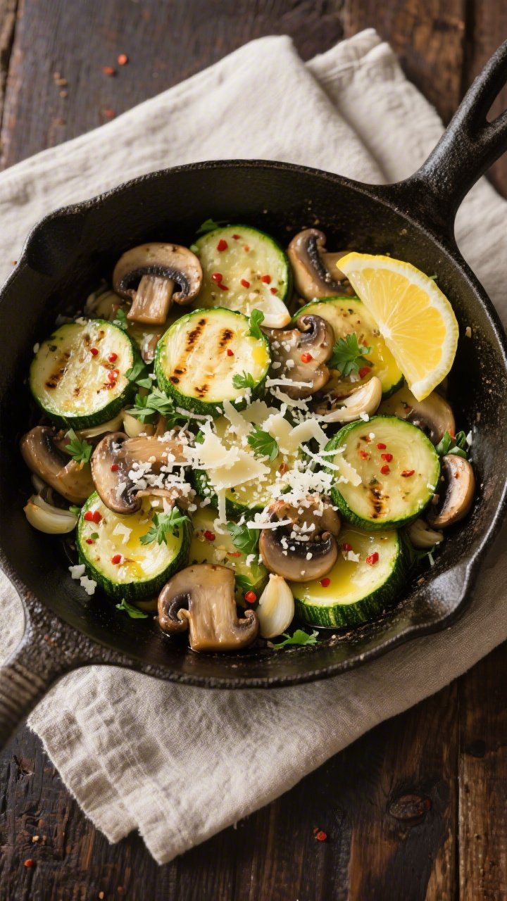 Overhead tasty top view: Keto Zucchini Mushroom Skillet finished in the pan—tender zucchini half-m