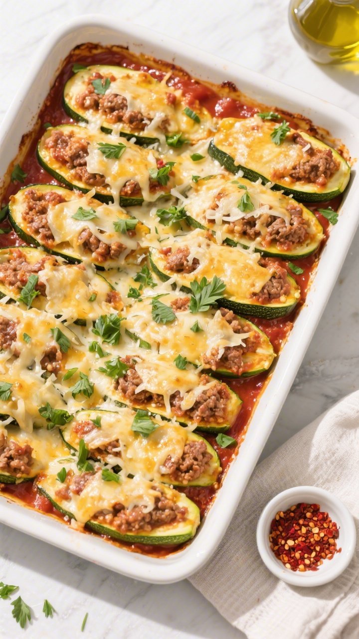 Overhead “tasty top view” of a 9x13 baking dish filled with neatly arranged zucchini boats: even