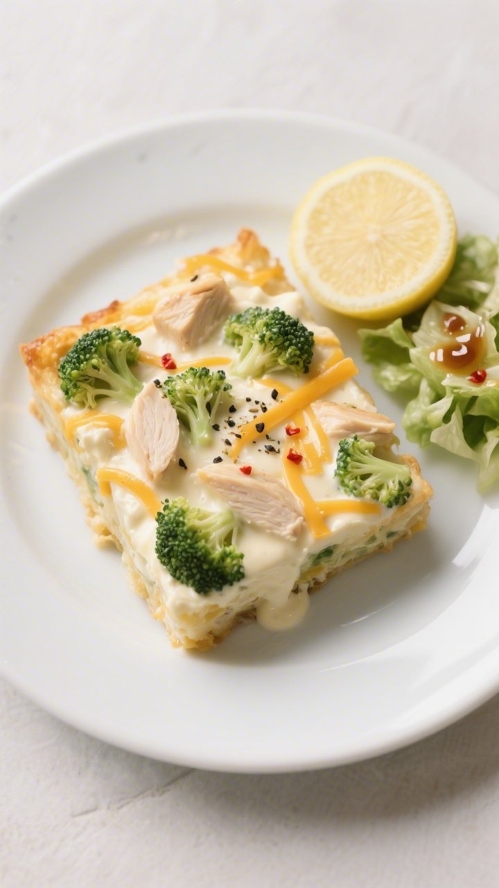 Overhead “tasty top view” of a neatly scooped serving plated: a generous square of the casserole