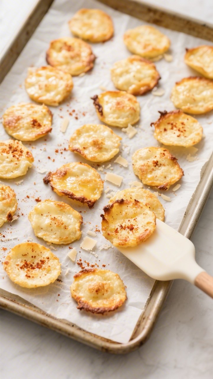 Overhead “tasty top view” of a parchment-lined sheet pan right out of the oven, rows of evenly s
